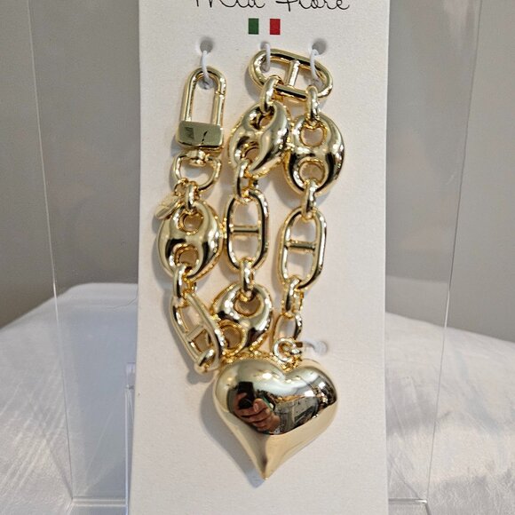 Mia Fiore 18kt Gold plated Bronze Puffed Heart Links Bag Charm - NWT - Picture 2 of 3